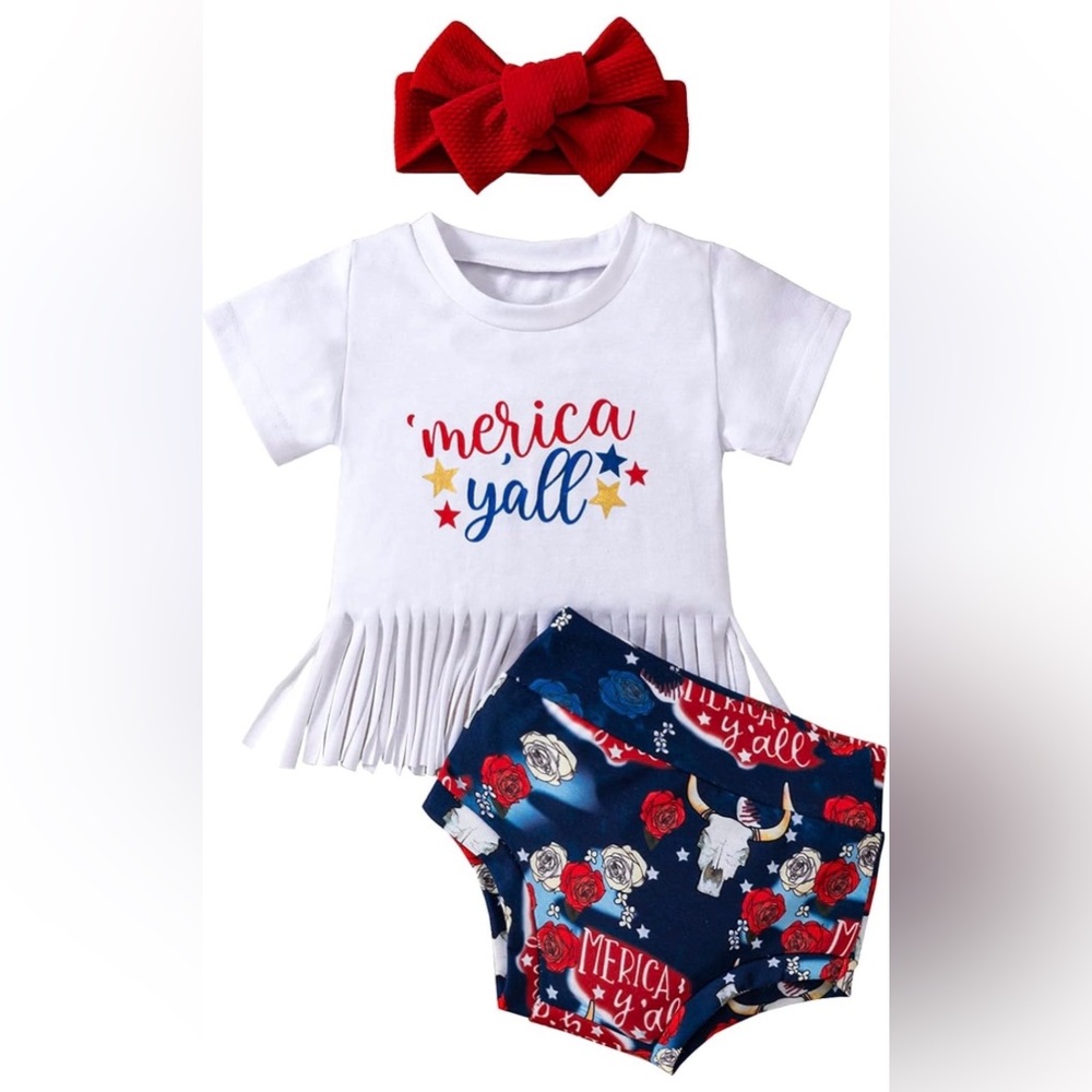'Merica Y'all White Fringe Tee & Navy Floral Shorts Set with Red Bow